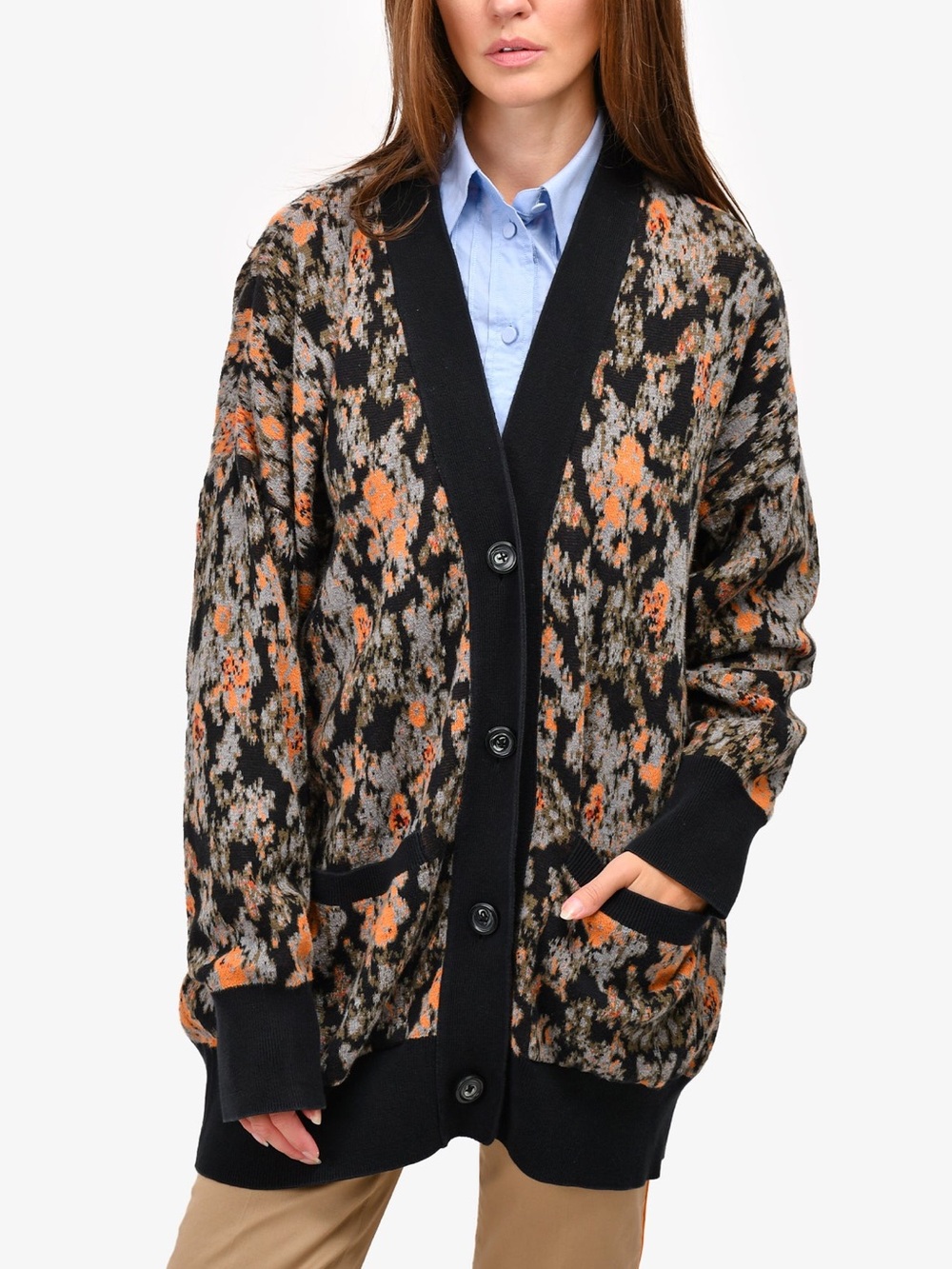 Hemant and Nandita Rafa Knit Abstract Pattern Button Cardigan Black Orange SMALL
